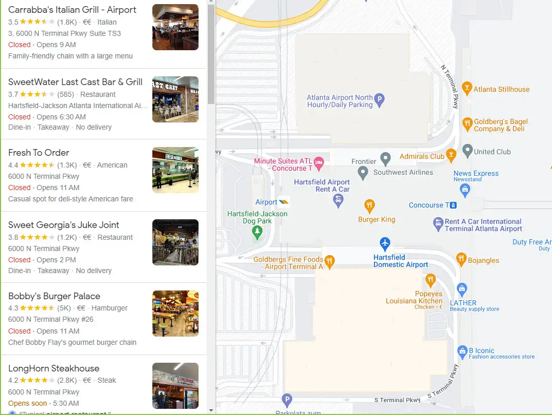 Terminal T Map restaurants, bars Hartsfield-Jackson airport
